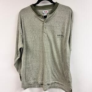 Men's Perry Ellis 100% Cotton Med long sleeve ringer henley tee heather green